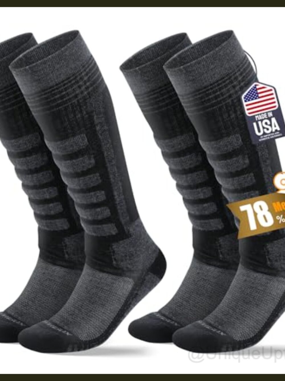 Merino Wool Ski Socks Over-the-Calf 2-Pair Made in USA Unisex Snowboarding